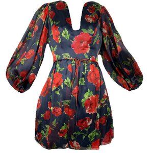 NWT US 6 SILK Carolina Herrera Rose Print Balloon Sleeve Dress Dark Floral